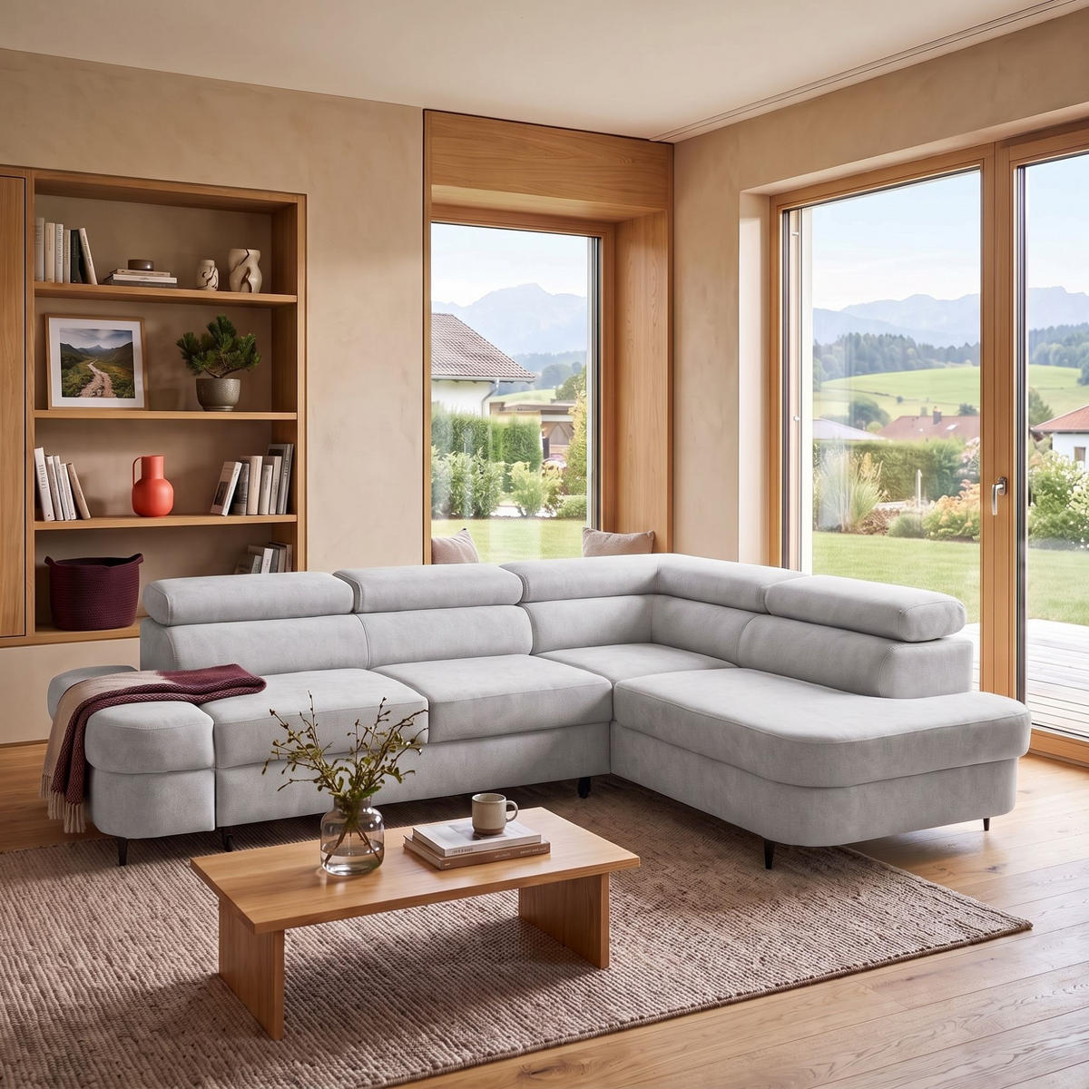ECKSOFA PRIAM L Rechts mit Schlaffunktion 125x195 Velours Hellgrau - Hellgrau/Schwarz, Holz/Textil (203/275cm) - Muffo