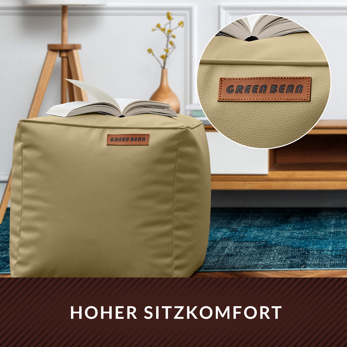 INDOOR HOCKER Cube eckig Kunstleder - Beige, Textil (40/40/40cm) - Green Bean