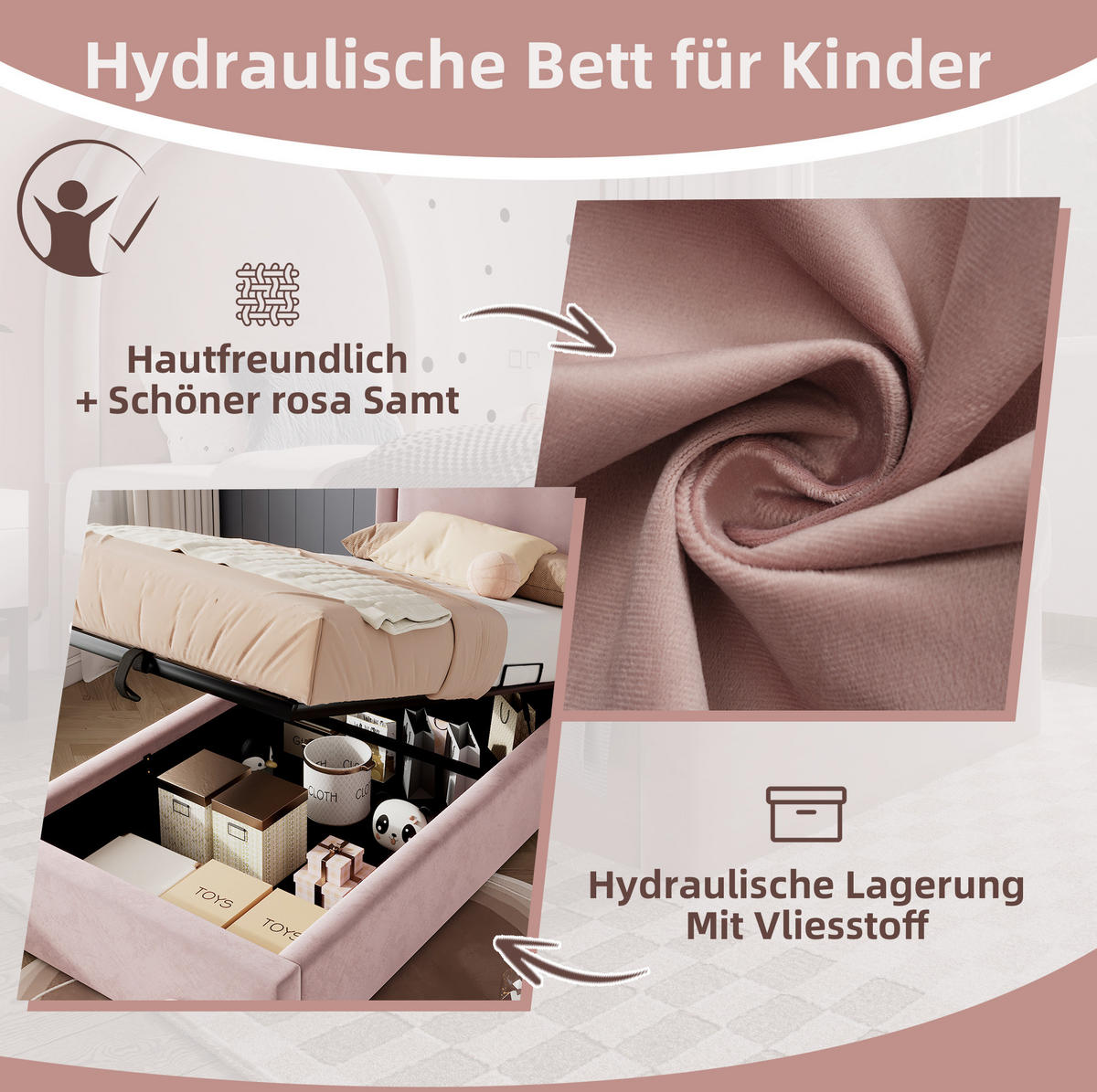 POLSTERBETT aus Samt 90x200 cm in Rosa mit Stauraum - Rosa, Textil (90/200cm) - Modfu