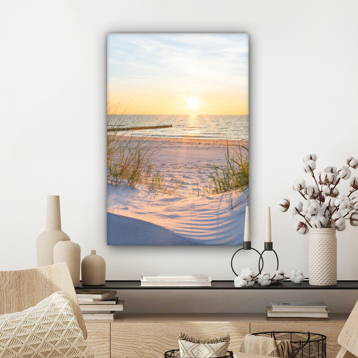LEINWANDBILD Strand - Sonne - Düne - Gras - Sand - Horizont 60x90 cm - Hellblau, Textil (60/90cm) - MuchoWow