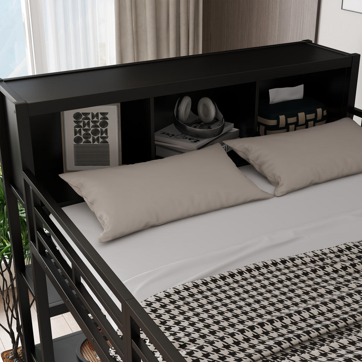 HOCHBETT 140/200 cm in Schwarz mit Kleiderschrank, Stauraum und Schreibtisch - Schwarz, Holzwerkstoff/Metall (140/200cm) - STILVORA
