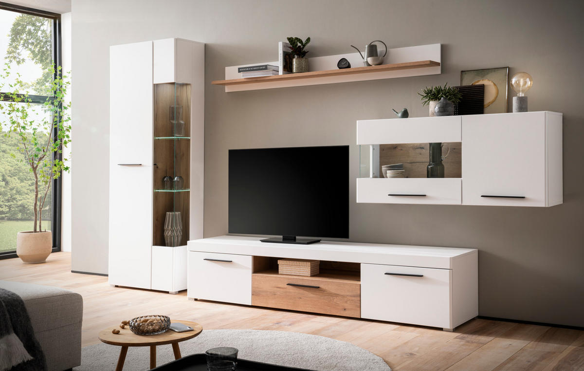 WOHNWAND weiß matt, Evoke Eiche, Wohnkombination 4-teilig, Soft-Close-Funktion - Eichefarben/Silberfarben, Glas/Holzwerkstoff (327/200/45cm)