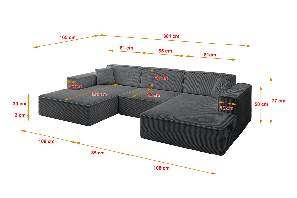 WOHNLANDSCHAFT IREA-U1-v4 - 301x165x77 cm Duneklgrau - Dunkelgrau, Holzwerkstoff/Textil (301/77/165cm) - ALTDECOR