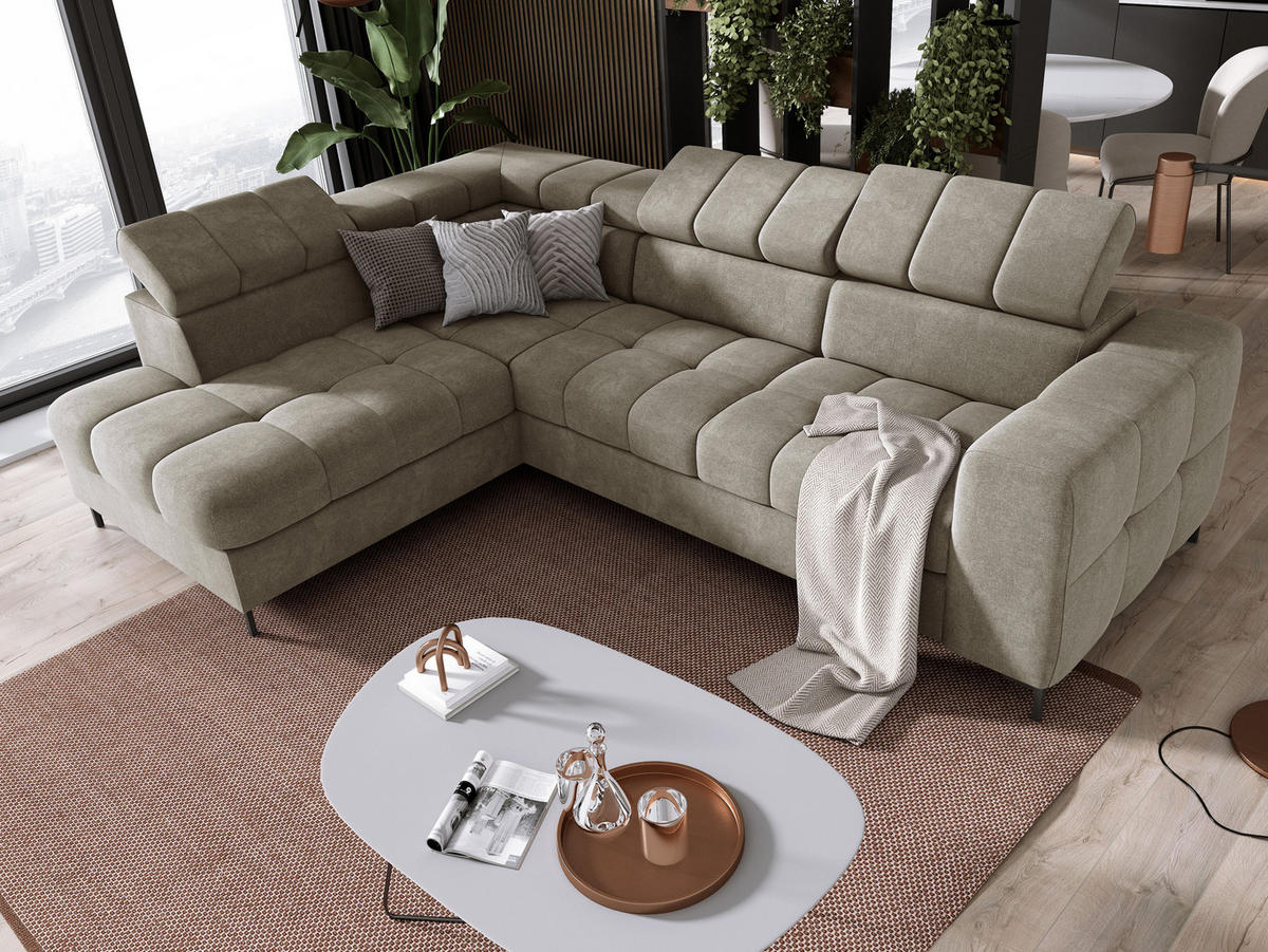 ECKSOFA PABLO VOGUE L-förmig mit Bett Bettkasten verstellbare Kopfstützen weicher Metallfüße freistehend LINKS 201x270x97 cm Beige - Beige, Holz/Textil (201/270cm) - DomoHome