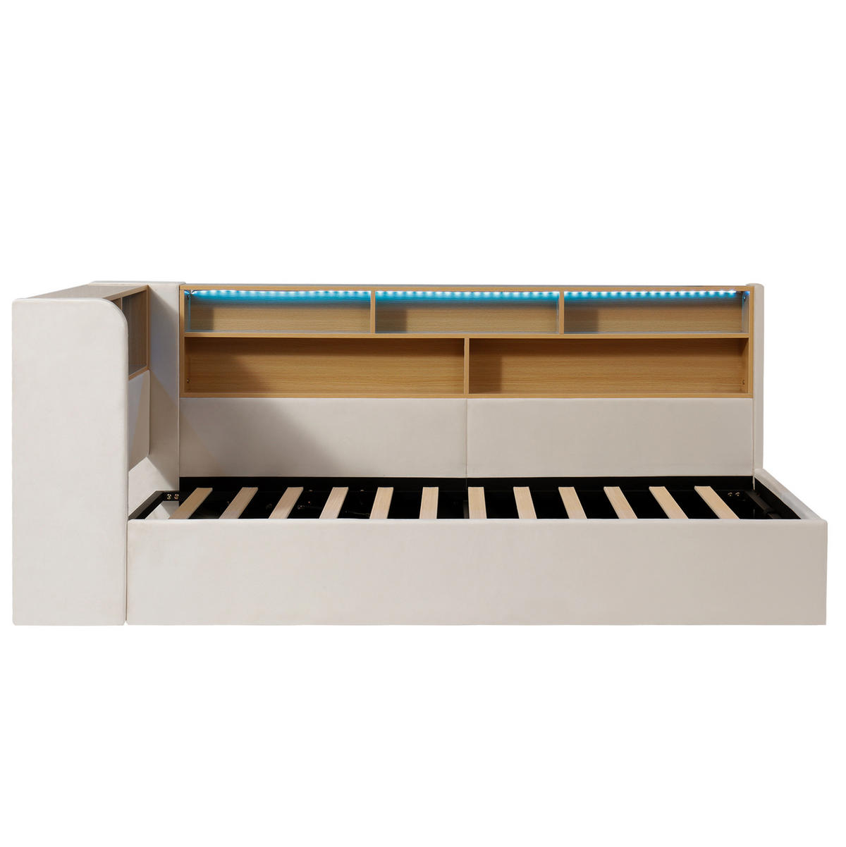 POLSTERBETT aus Samt 90x200 cm in Beige mit LED & USB/Type-C - Beige, Textil (90/200cm) - Modfu