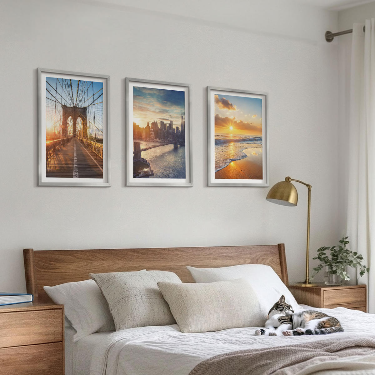 BILDER SET 3er Set - 40x60 cm Silberner Rahmen - Brücken, Sonnenuntergänge, Stadt - Silberfarben, Kunststoff (40/60cm) - TULUP