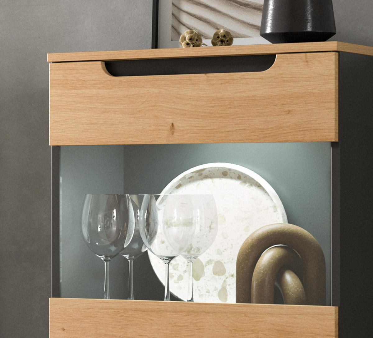 WOHNWAND Eiche Artisan, grau 4-teilig 246 cm, Schrankwand mit Soft-Close - Schwarz/Eiche Artisan, Glas/Holz (246/182/37cm) - Inn.Furn