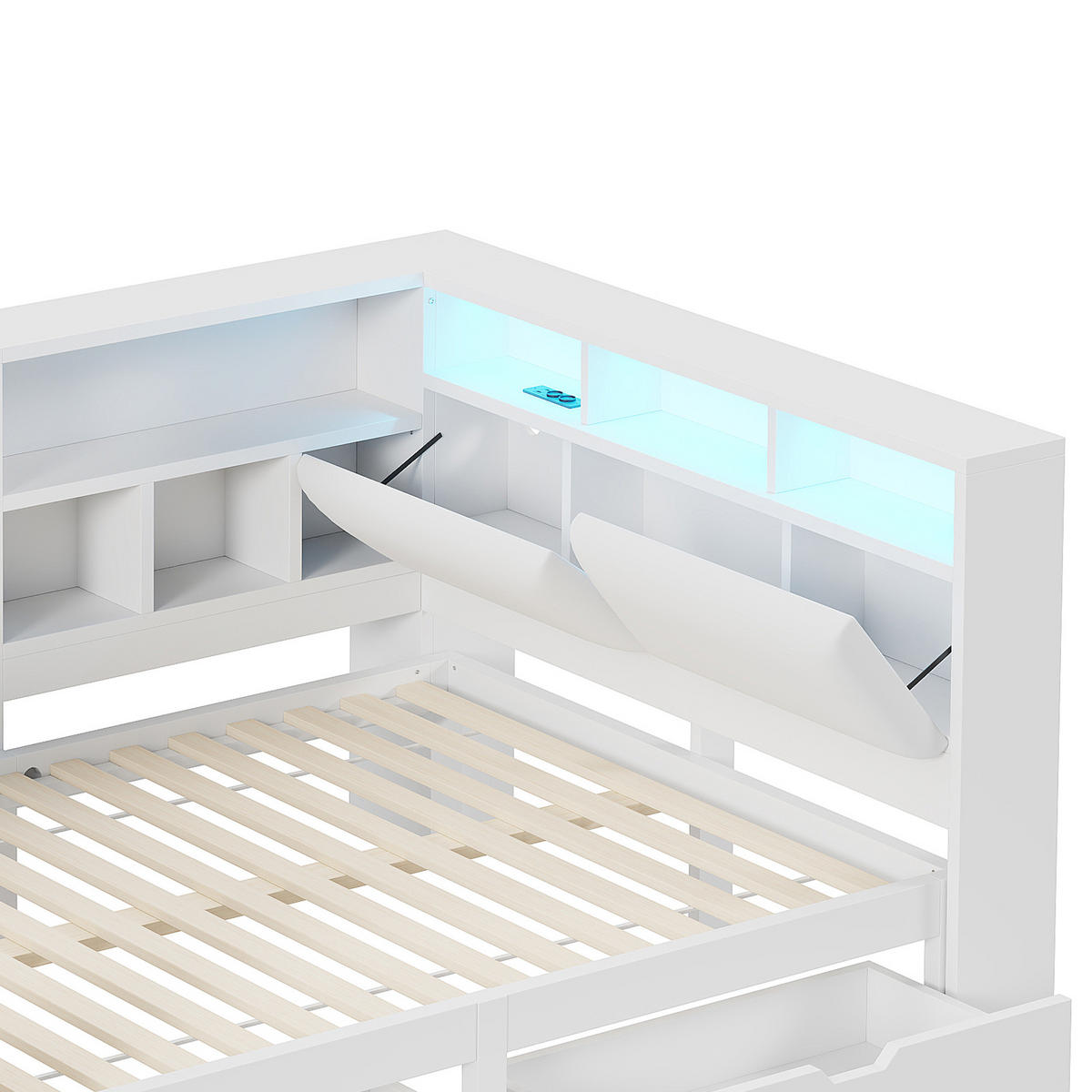 BETT 140/200 cm in Weiß mit Schubladen, LED und Schreibtisch - Weiß, Holzwerkstoff/Textil (140/200cm) - WISHDOR