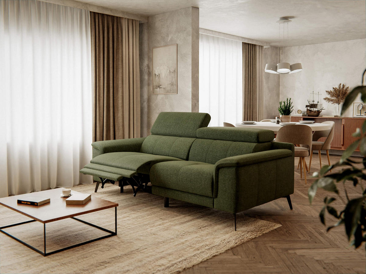RELAXSOFA FIERO 3-Sitzer mit 1 Relaxfunktion, olivgrün - Schwarz/Olivgrün, Holzwerkstoff/Textil (212/82/103cm) - Courtois Laville
