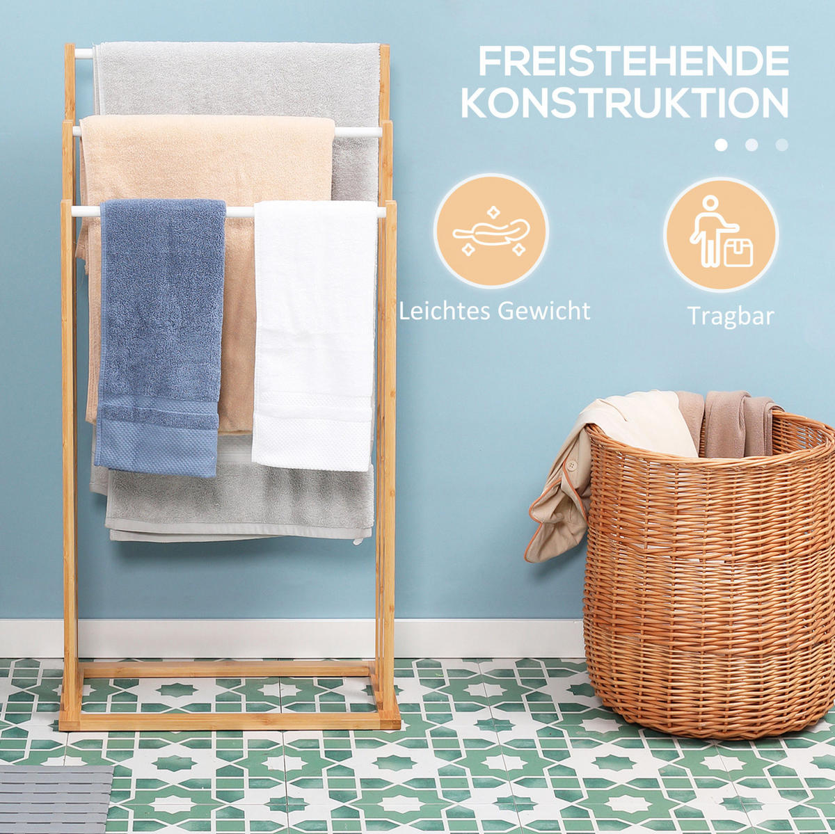 HANDTUCHSTÄNDER 48x25.8x94 cm Natur aus Bambus mit 3 Ebenen & freistehend - Naturfarben, Naturmaterialen (25.8/94/48cm) - Modfu