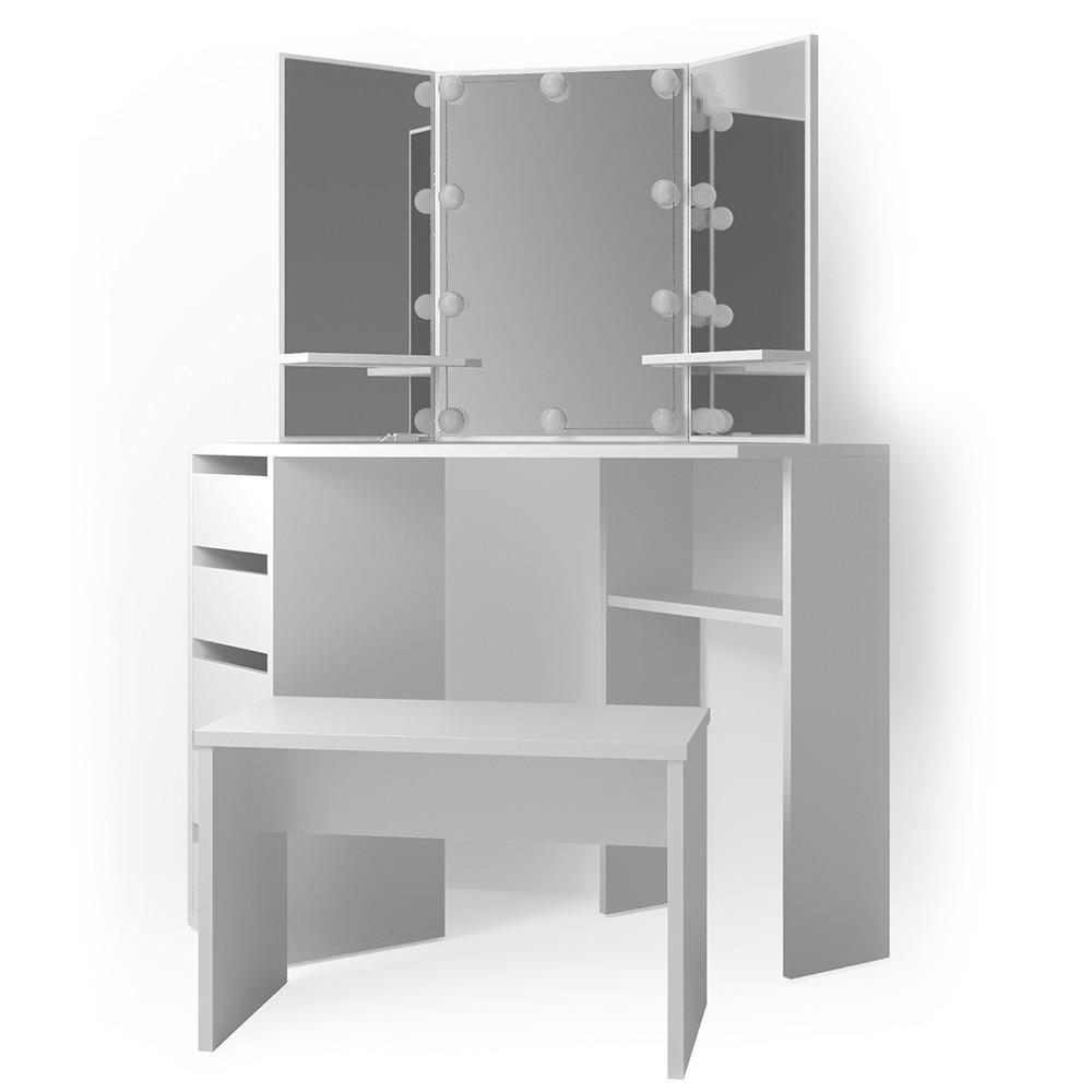 ECKSCHMINKTISCH Arielle Weiß 110 cm mit LED Beleuchtung und Bank - Weiß, Holzwerkstoff (110/141.5/54cm) - Vicco