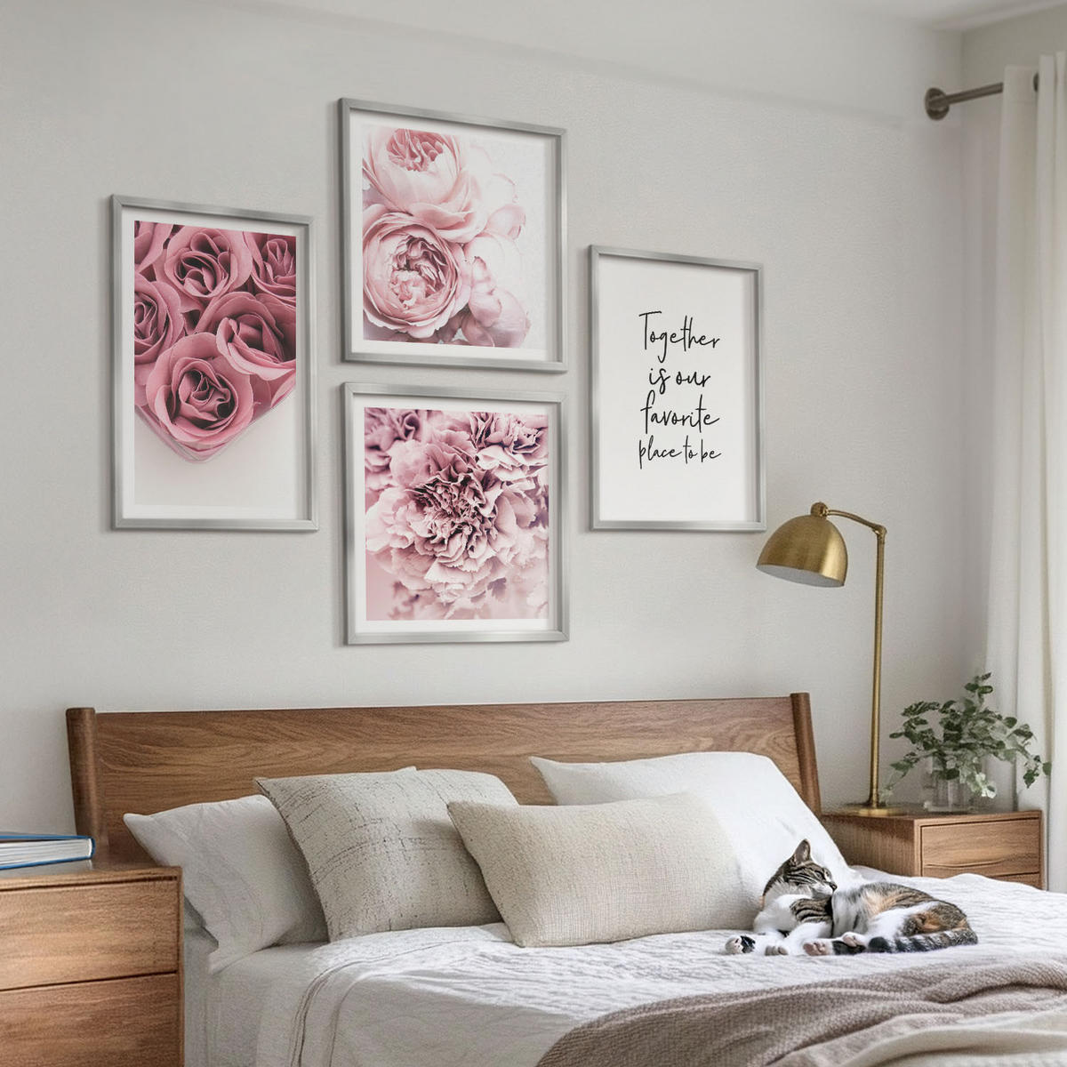 BILDER SET 4er Set - 50x50 cm & 40x60 cm Silberner Rahmen - Blumensträuße mit Rosen, Hausinschrift - Silberfarben, Kunststoff (50/50cm) - TULUP