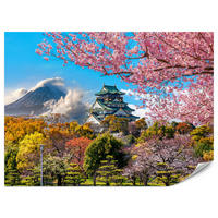 FOTOTAPETE für Wohnzimmer Kirschblüten Osaka Burg Japan Berge Bäume 200x140 - Gelb/Rosa, Papier (200/140cm) - Muralo