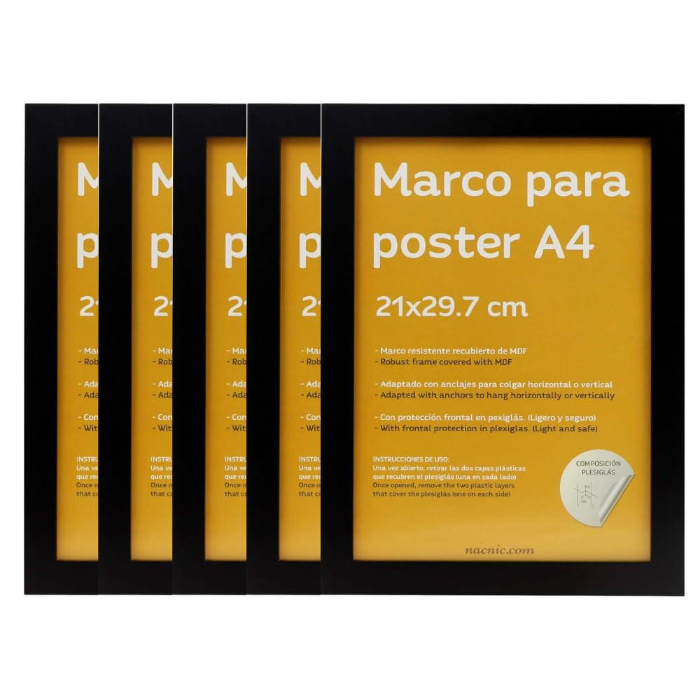 RAHMEN Set mit 48 aus MDF und Acrylglas Schutz und Aussteller für Fotografien, Bilder, Poster, Gemälde, Dekoration für Haus Farbe Schwarz A4 - Schwarz, Holz (21/3/29.7cm) - Nacnic