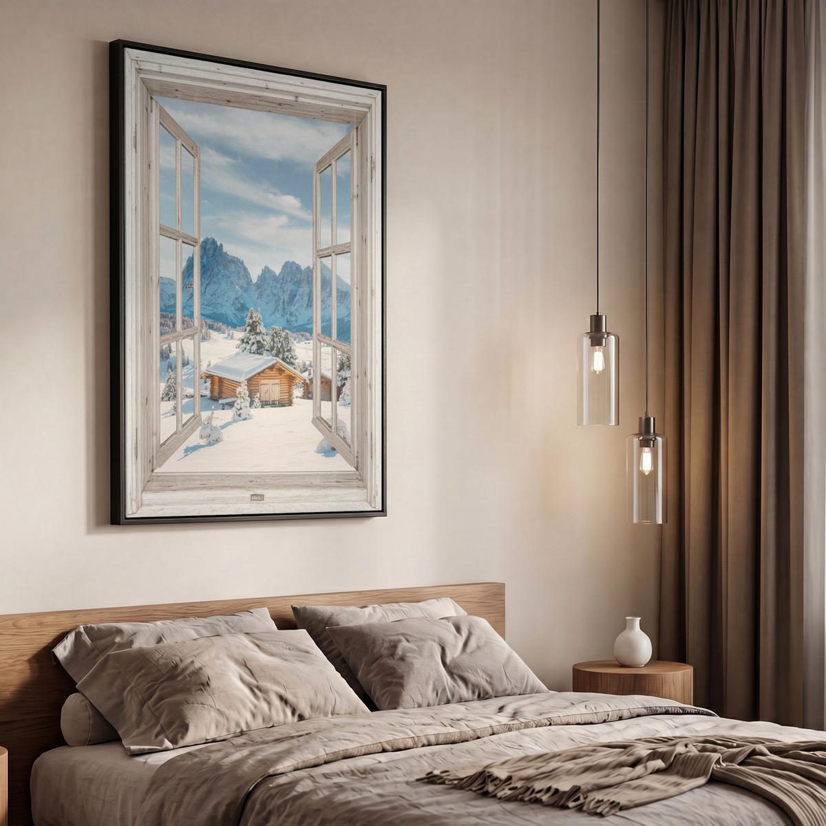 LEINWAND Bilder mit Rahmen - Winterlandschaft - Hütte - Berge - Ausblicke - Aussicht - Natur - 60x90 - Weiß Hochglanz, Textil (60/90cm) - MuchoWow