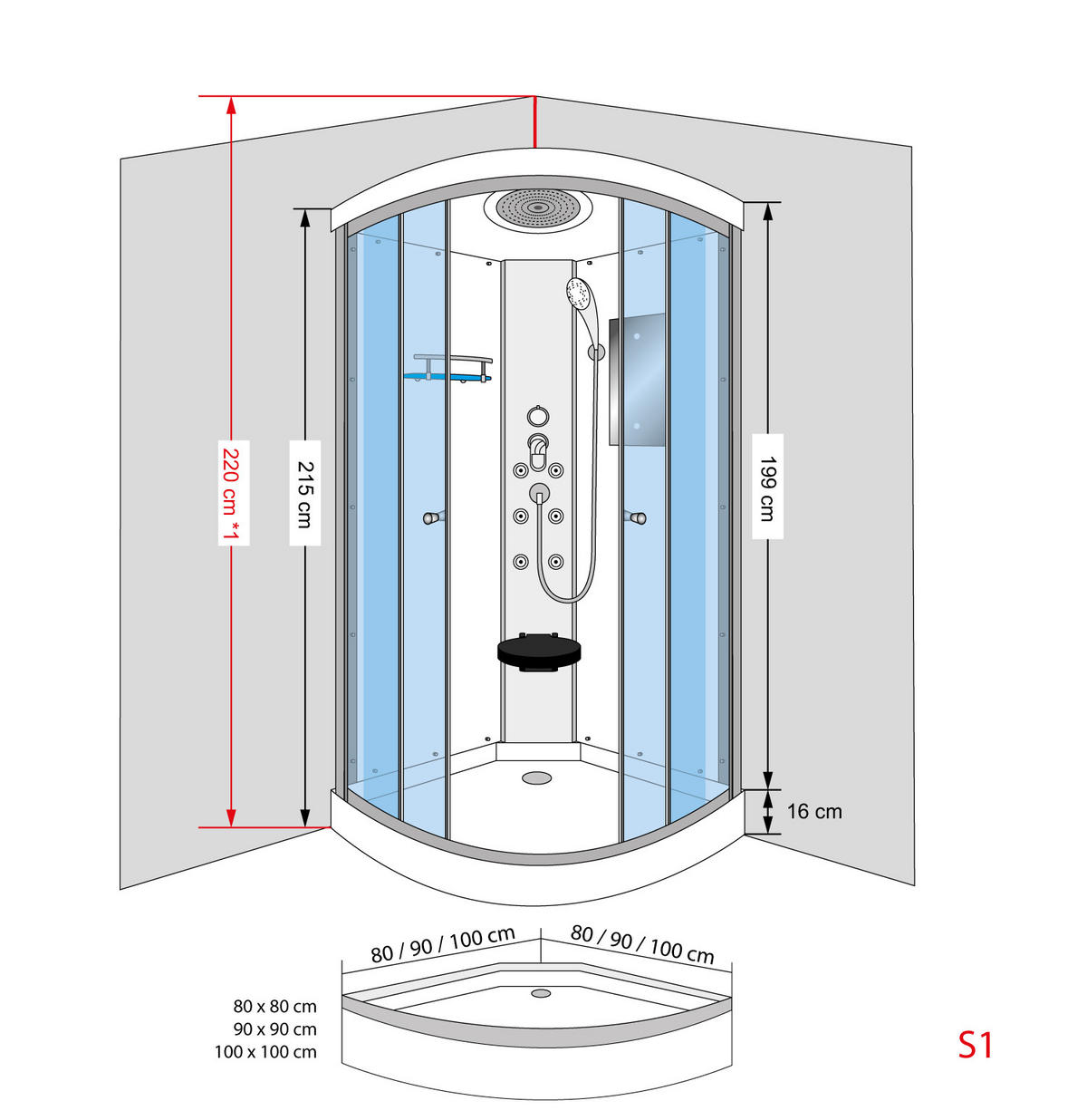 DUSCHE Fertigdusche D10-00T1 Weiß 80x80 - Weiß, Glas/Kunststoff (80/80/215cm) - AcquaVapore by Sandra Jentho