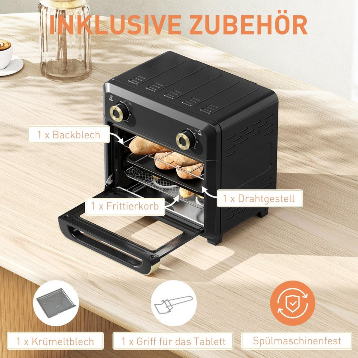 MINIBACKOFEN 10L mit Umluft & Heißluftfritteuse, Mini Ofen mit Timer, Innenbeleuchtung und mehreren Funktionen, Schwarz - Schwarz, Metall (32/29.8/27.2cm) - Beaface