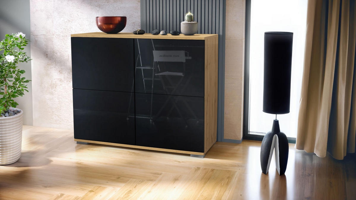 KOMMODE Rova Schwarz Hochglanz - Schwarz Hochglanz, Holzwerkstoff (92.5/75.5/35cm) - Vladon