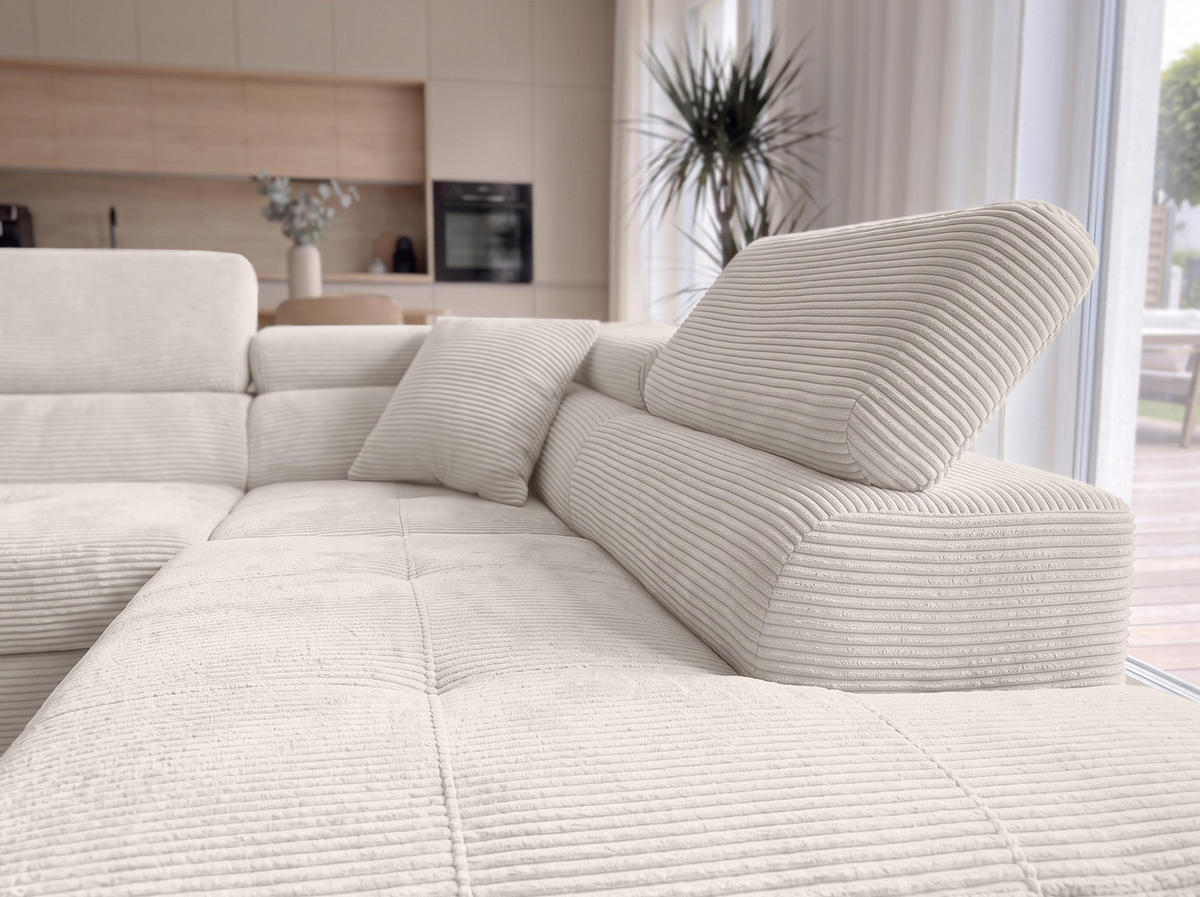 ECKSOFA L Form Konak Cremeweiß 276/201/90 cm Rechts mit Schlaffunktion - Silberfarben/Creme, Textil/Metall (276/203cm) - AX Living