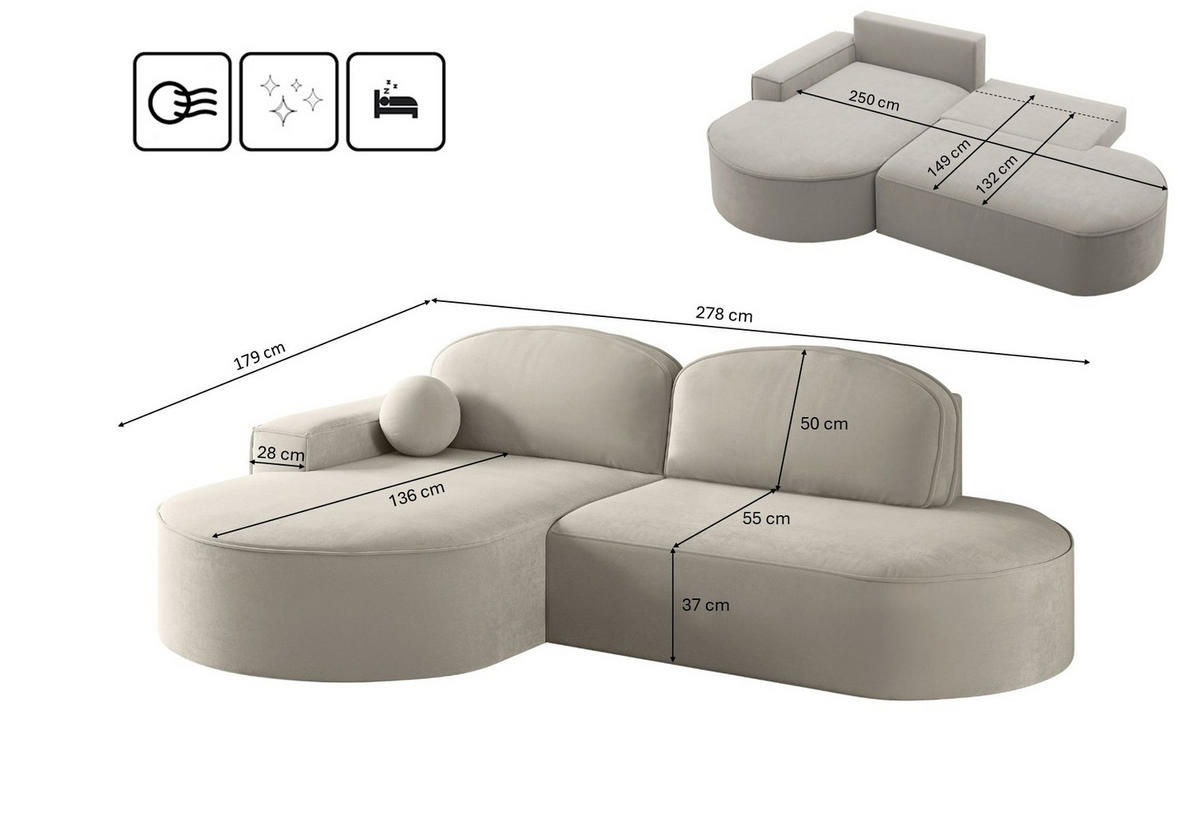 ECKSOFA mit Schlaffunktion und Bettkasten Modena Runden stoff Salvador Hellgrau Links - Hellgrau, Holz/Textil (179/278cm) - Kaiser Möbel