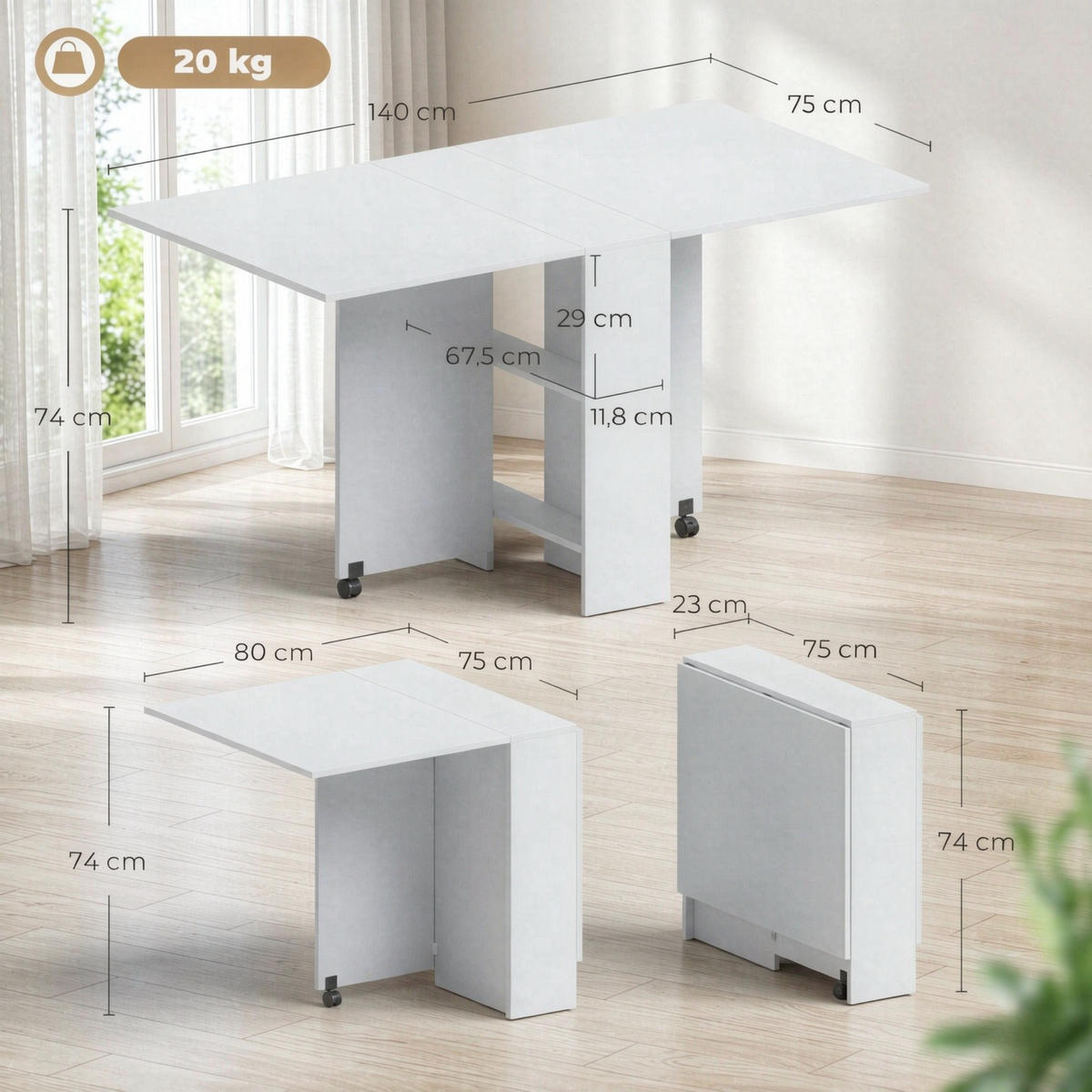 KLAPPTISCH 75-140/75/74 cm mit Rollen DE-39948 Weiß - Weiß, Holzwerkstoff (75/140/74cm) - ComfortXL