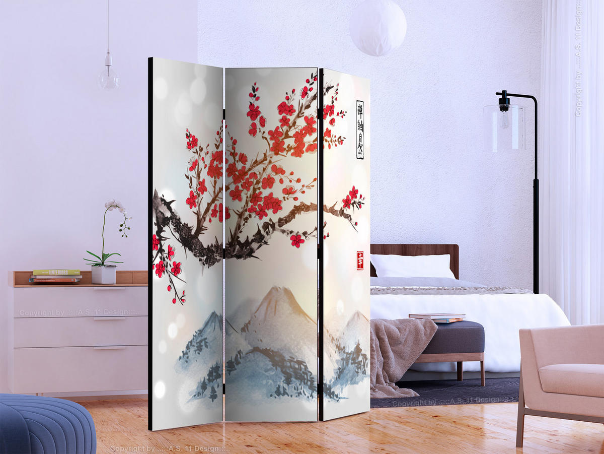 PARAVENT Einseitig Bedruckter 3-tlg 135x172 cm Fuji Berg mit Kirschbl ten - Multicolor, Holz/Textil (135/172/3cm) - Muralo