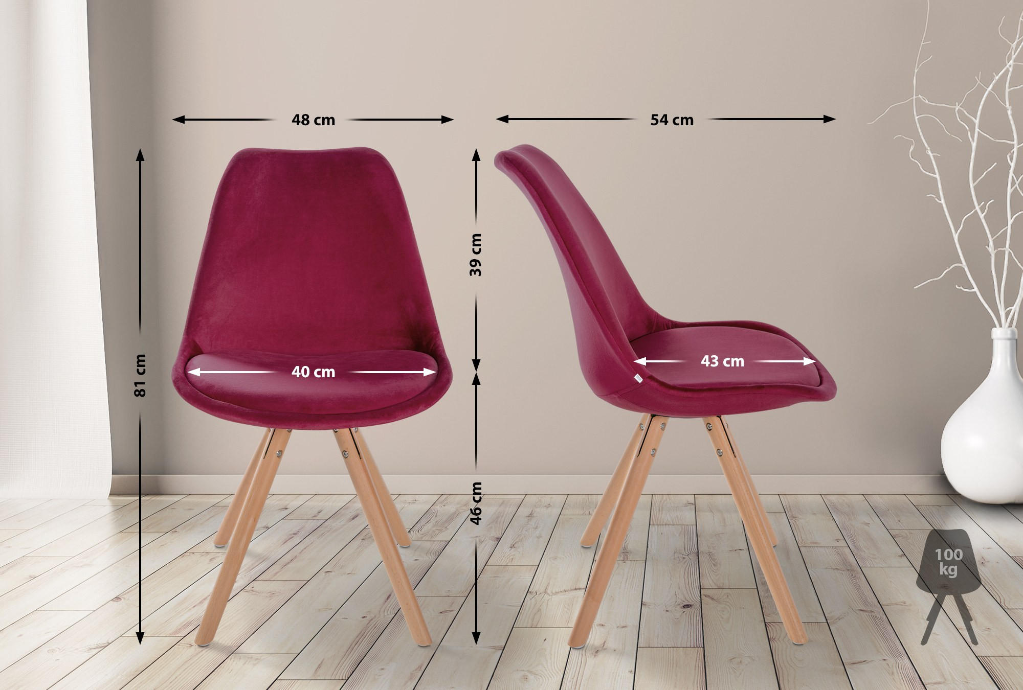 STUHL 4er Set Samt bordeauxrot - Eukalyptusholzfarben/Bordeaux, Holz/Textil (48/81/54cm) - CLP