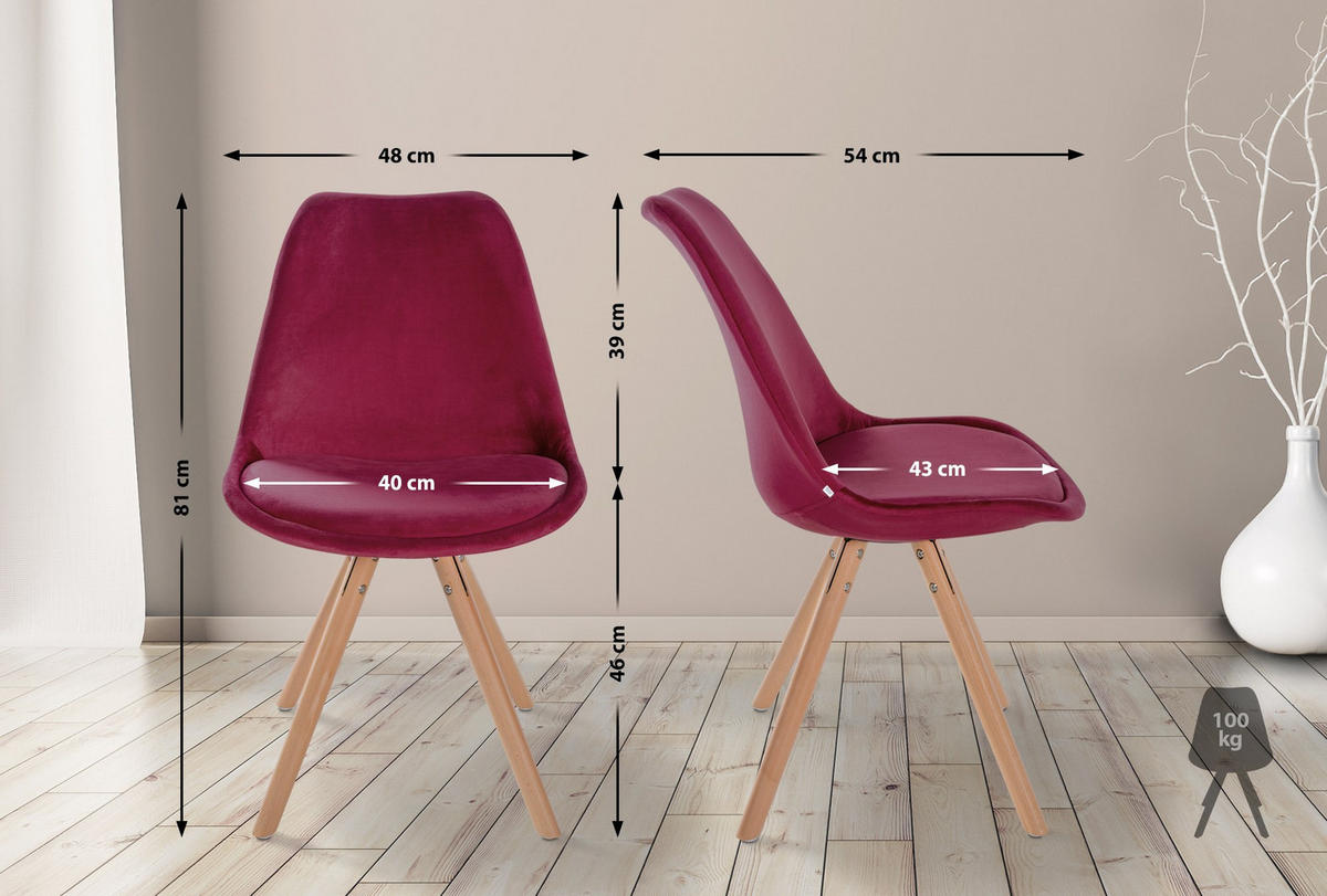 STUHL Samt bordeauxrot - Eukalyptusholzfarben/Bordeaux, Holz/Textil (48/81/54cm) - CLP