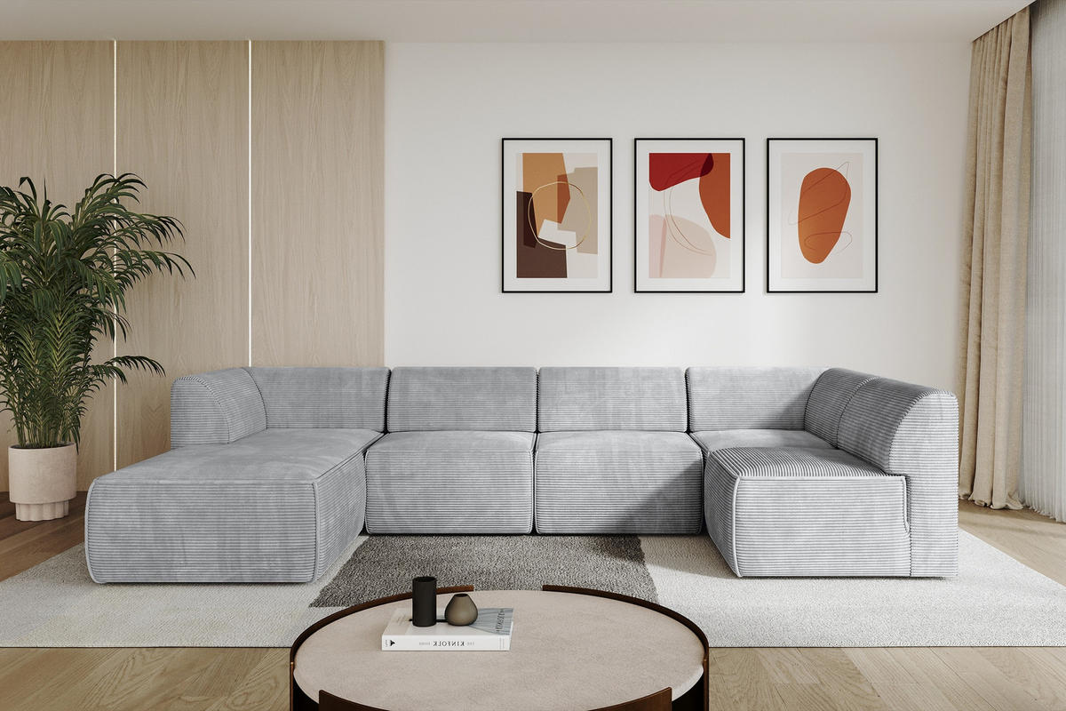 WOHNLANDSCHAFT Ottomane Links MOVA 345x180x78 Grau Cord - Schwarz/Alufarben, Holzwerkstoff/Kunststoff (180/78/345cm) - ALTDECOR