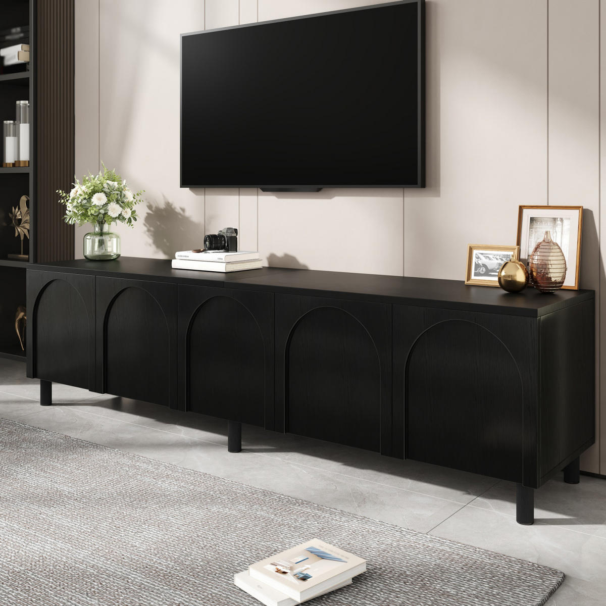 TV-LOWBOARD 180 x 38 x 45 cm aus MDF/Spanplatte, 5 Türen, Metallfüße, Schwarz - Schwarz, Holzwerkstoff (180/45/38cm)