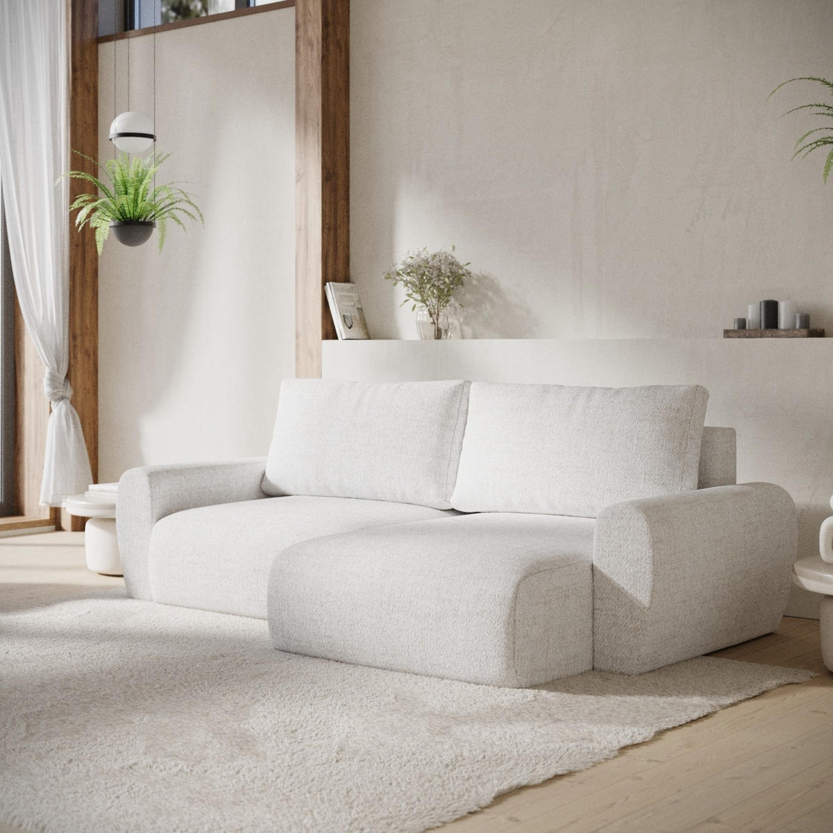 ECKSOFA OMARI mit Schlaffunktion Creme im Neve Stoff - Creme/Schwarz, Holz/Holzwerkstoff (253/153cm) - AltaBeds