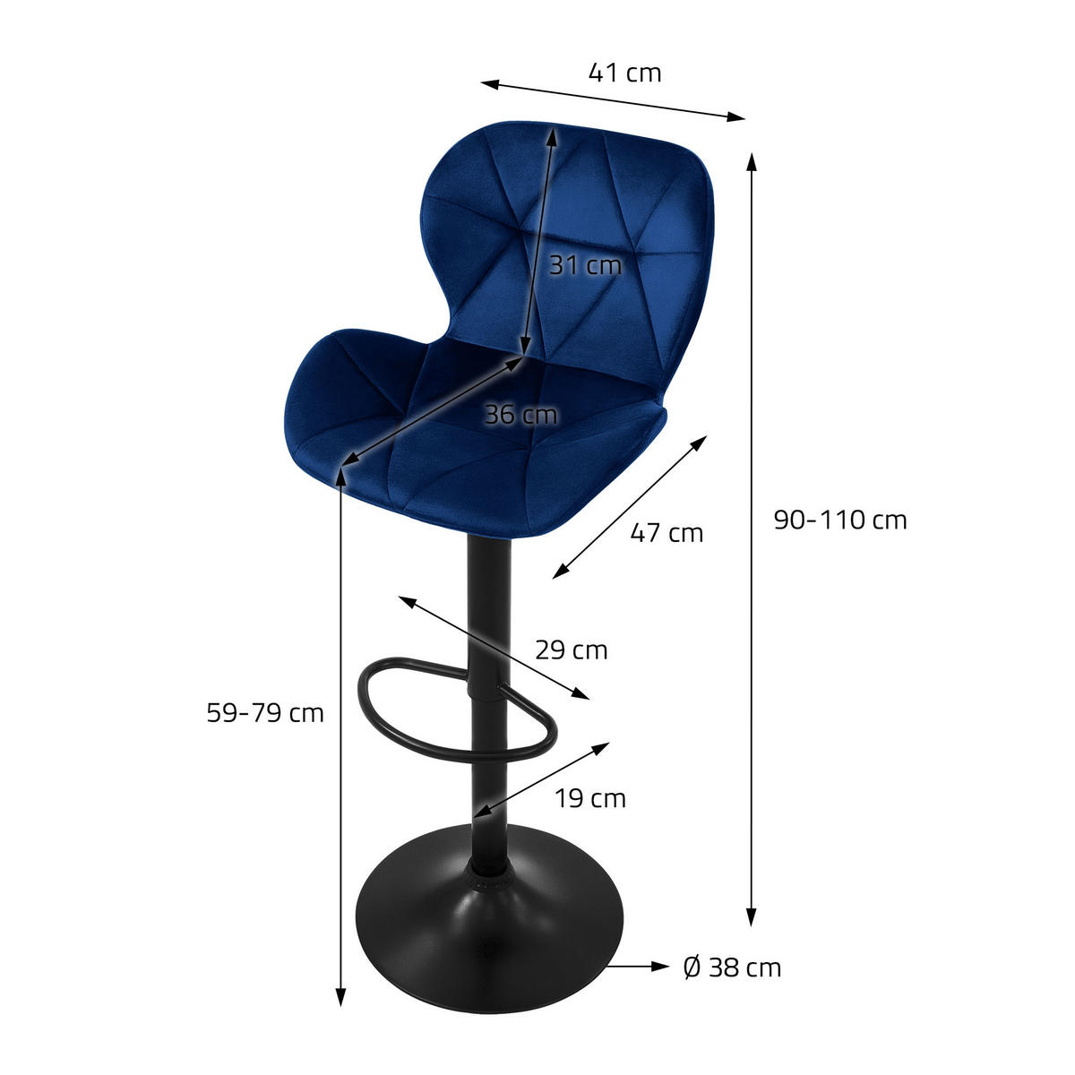 BARHOCKER 4er Set Samt blau - Blau, Metall (47/110/41cm) - ML-DESIGN