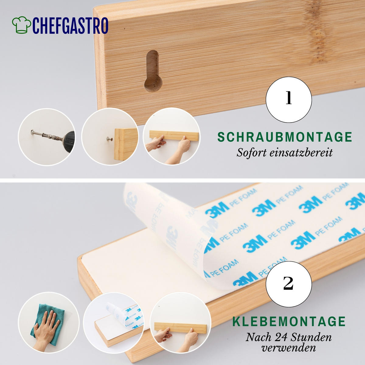 MESSERLEISTE aus Bambus 40cm breit inkl. 3 Haken - Beige, Holz (40/6.2/1.5cm) - CHEFGASTRO