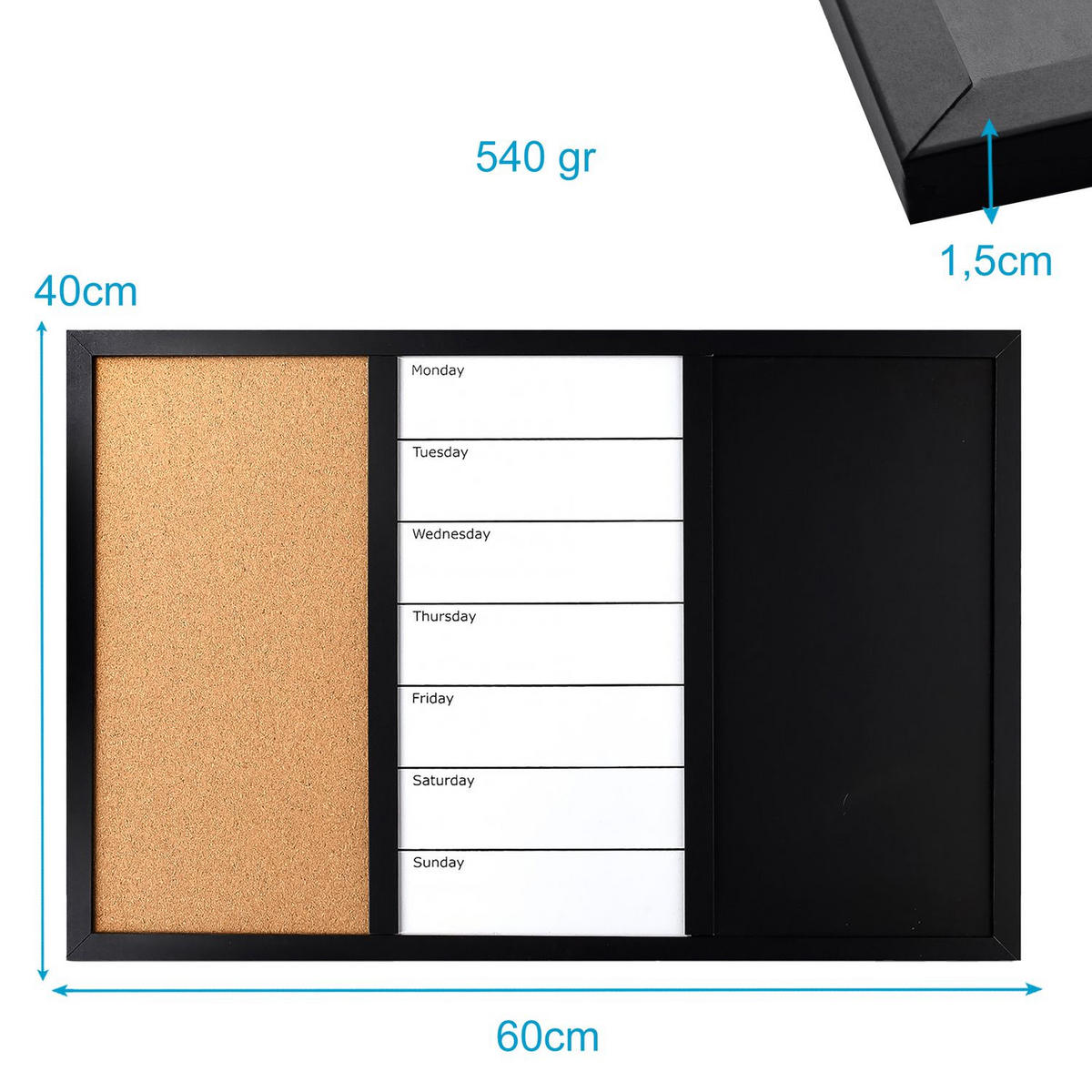 MAGNETTAFEL 3in1 Kreidetafel Whiteboard Pinnwand - Multicolor, Holzwerkstoff (40/1.5/60cm) - Intirilife