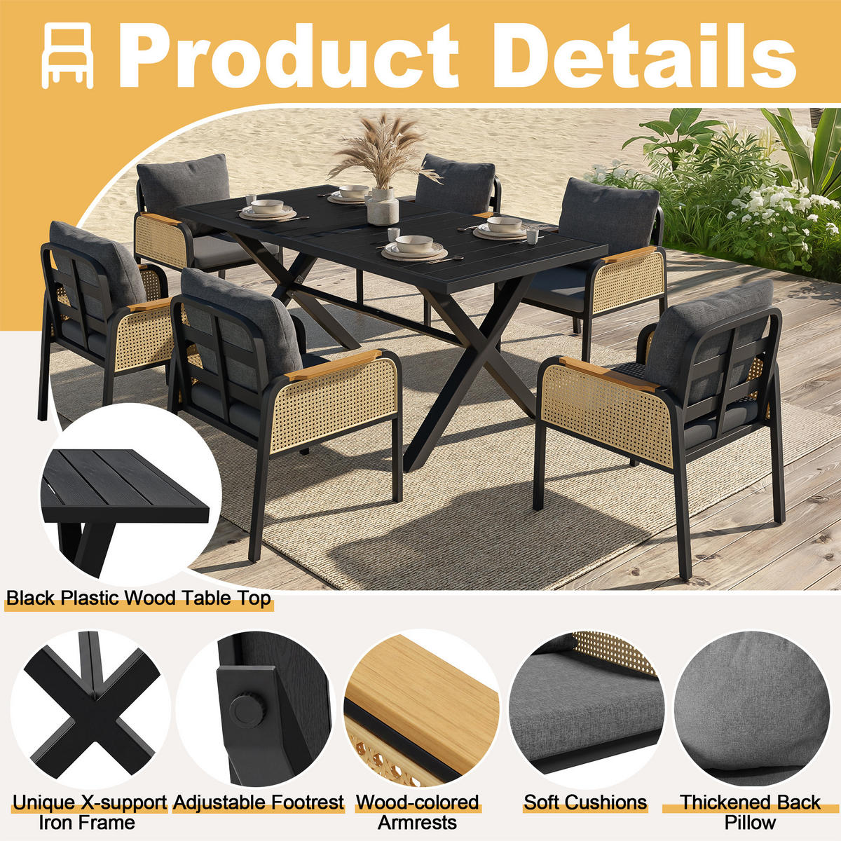 OUTDOOR SOFA SET Metall Armlehnen Kissen - Schwarz, Metall - LEBENLANG