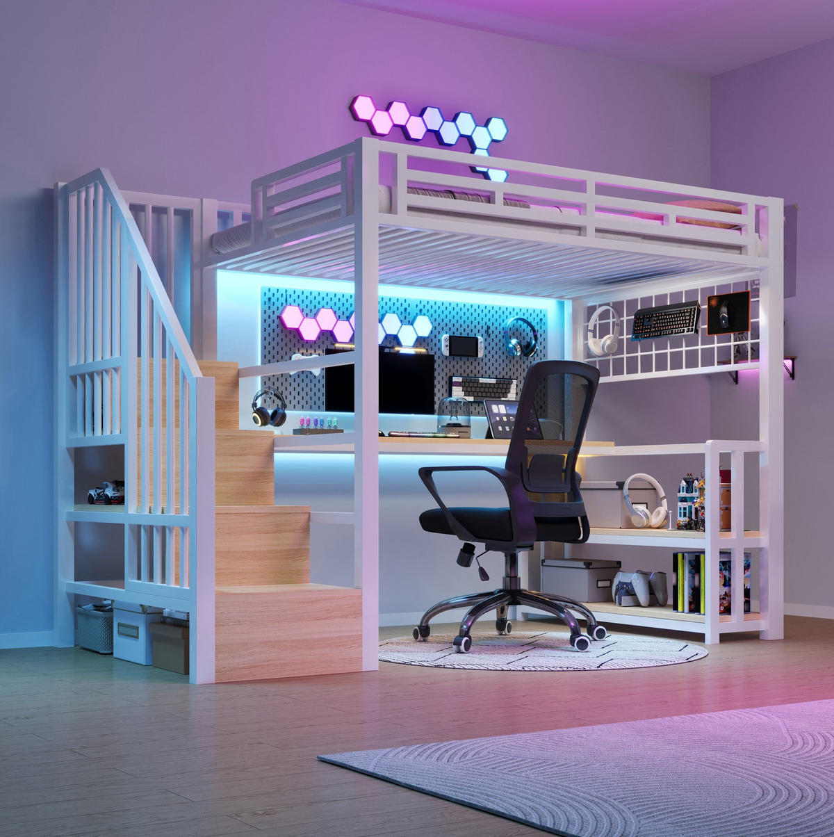 HOCHBETT 90/200 cm Weiß mit Schreibtisch, Regal und LED-Lichtleiste - Weiß, Metall (90/200cm) - MIVRAY