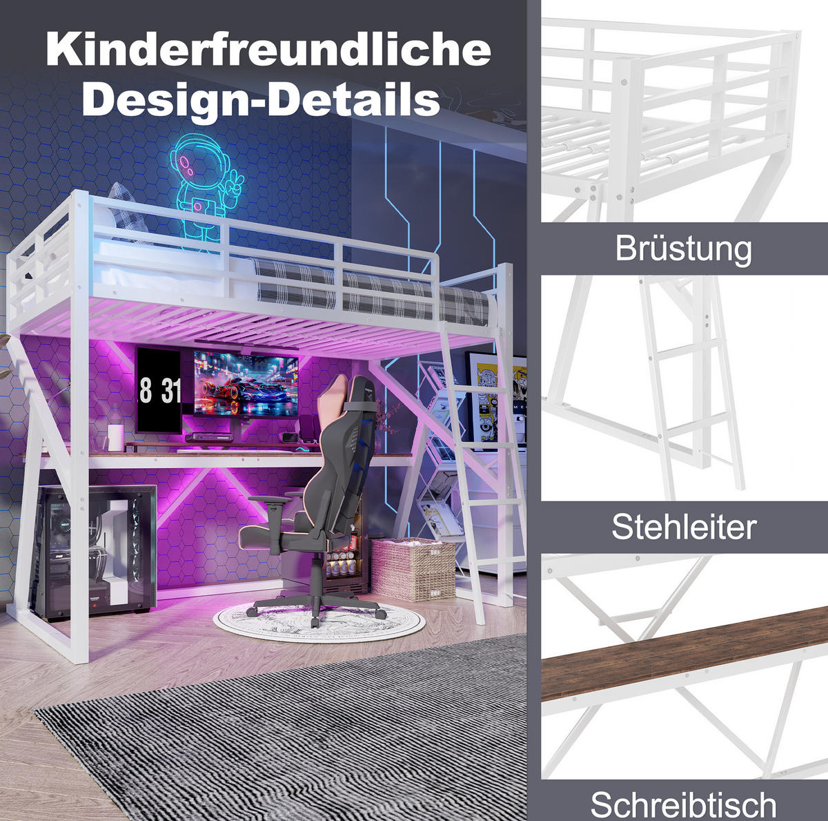 HOCHBETT 90/200 cm mit LED und Schreibtisch ohne Matratze - Weiß, Metall (90/200cm) - MIVRAY