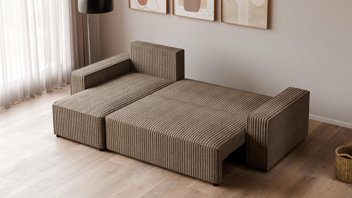ECKSOFA Tobi mit Bettkasten und Schlaffunktion, L-Form, Cordstoff, Universal - Taupe, Holzwerkstoff (246/145cm) - 4ALL HOME