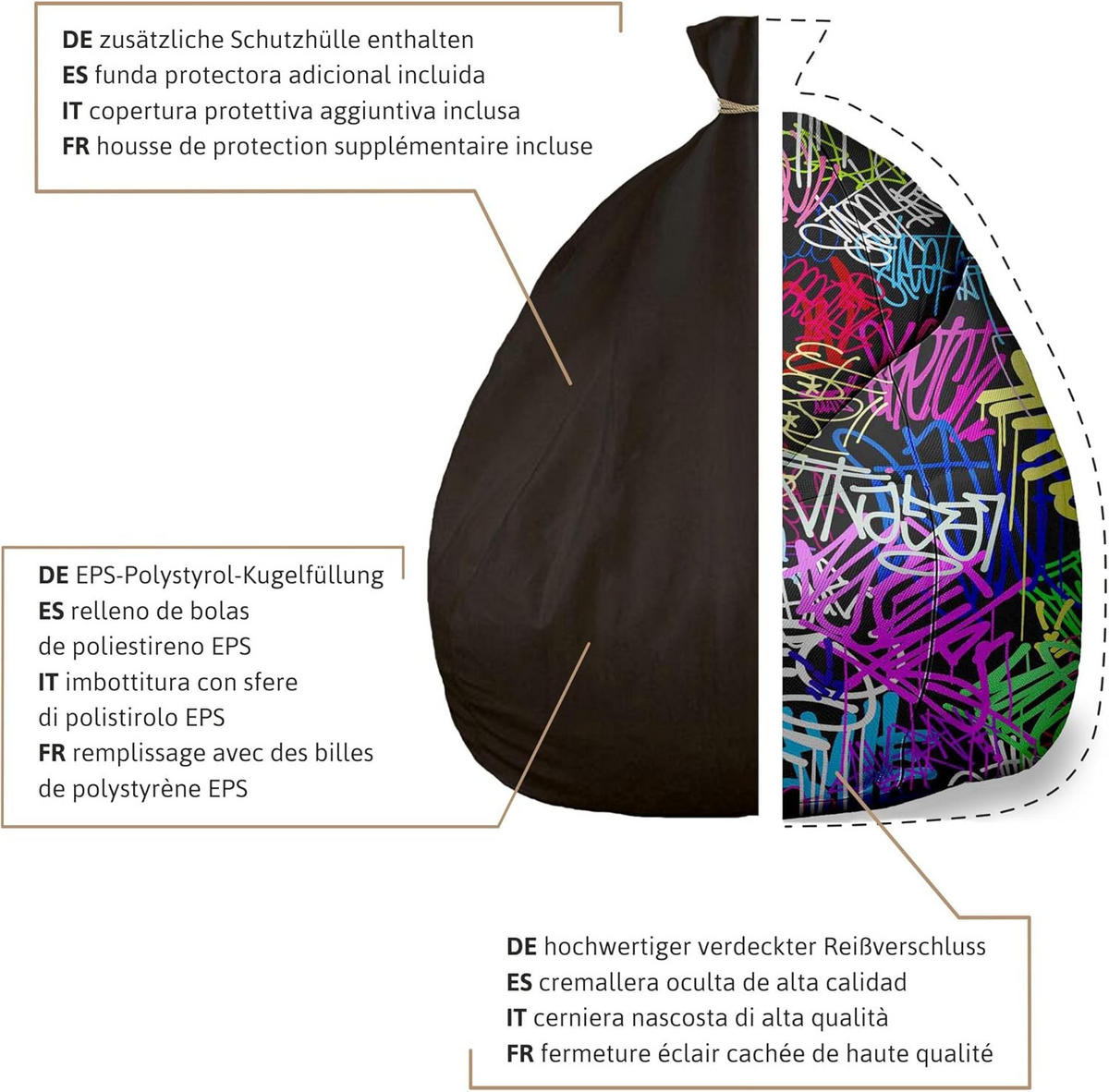 SITZSACK PEARSHAPE MIT FUßSTÜTZE Velvet 2-tlg Graffiti M - Violett, Textil (70/120/70cm) - Dreamroots