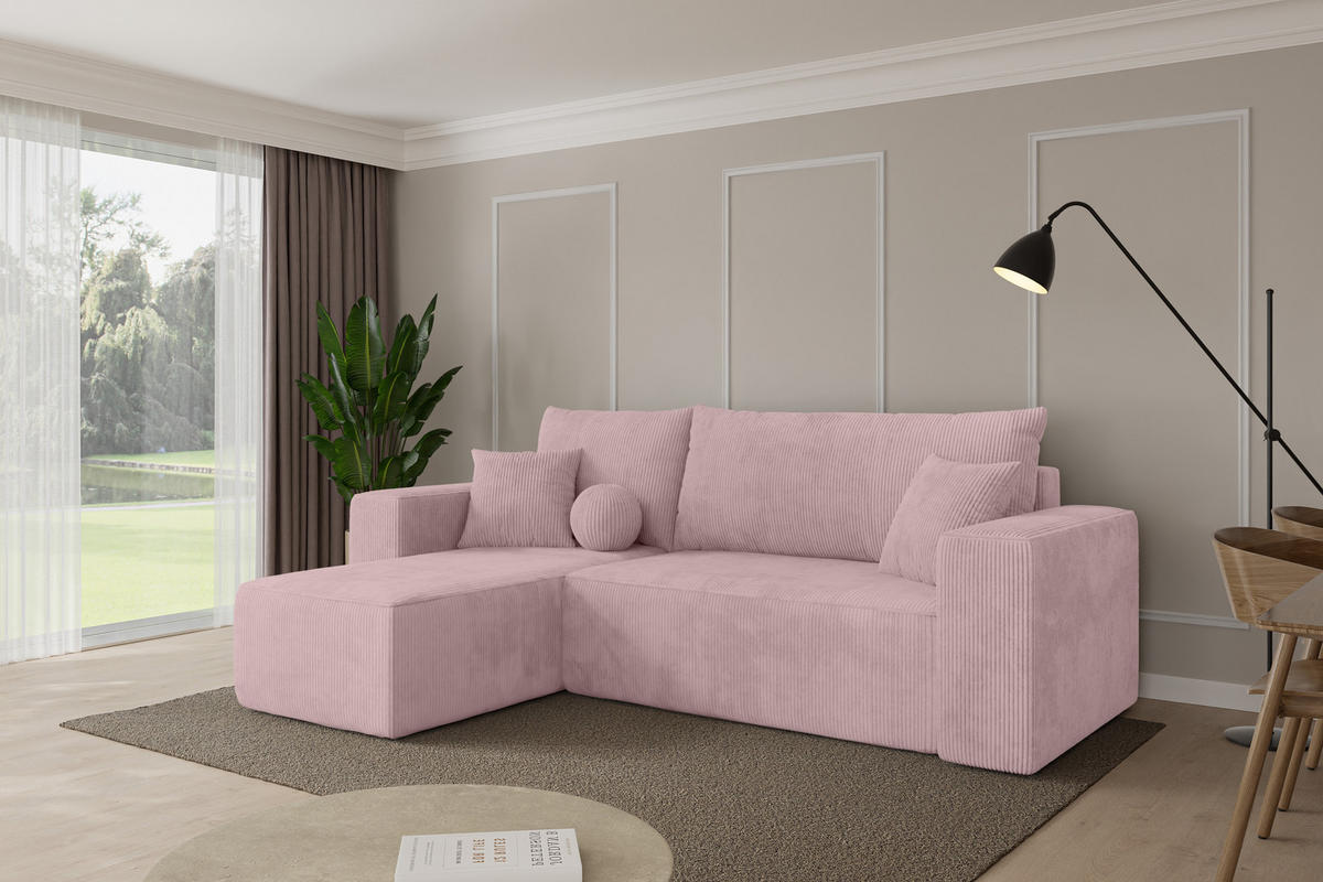 ROHOVÁ SEDAČKA s funkcí spaní, otoman vlevo SENO-L 249x139x85 růžová manšestr - růžová/černá, kompozitní dřevo/textil (249/139cm) - ALTDECOR
