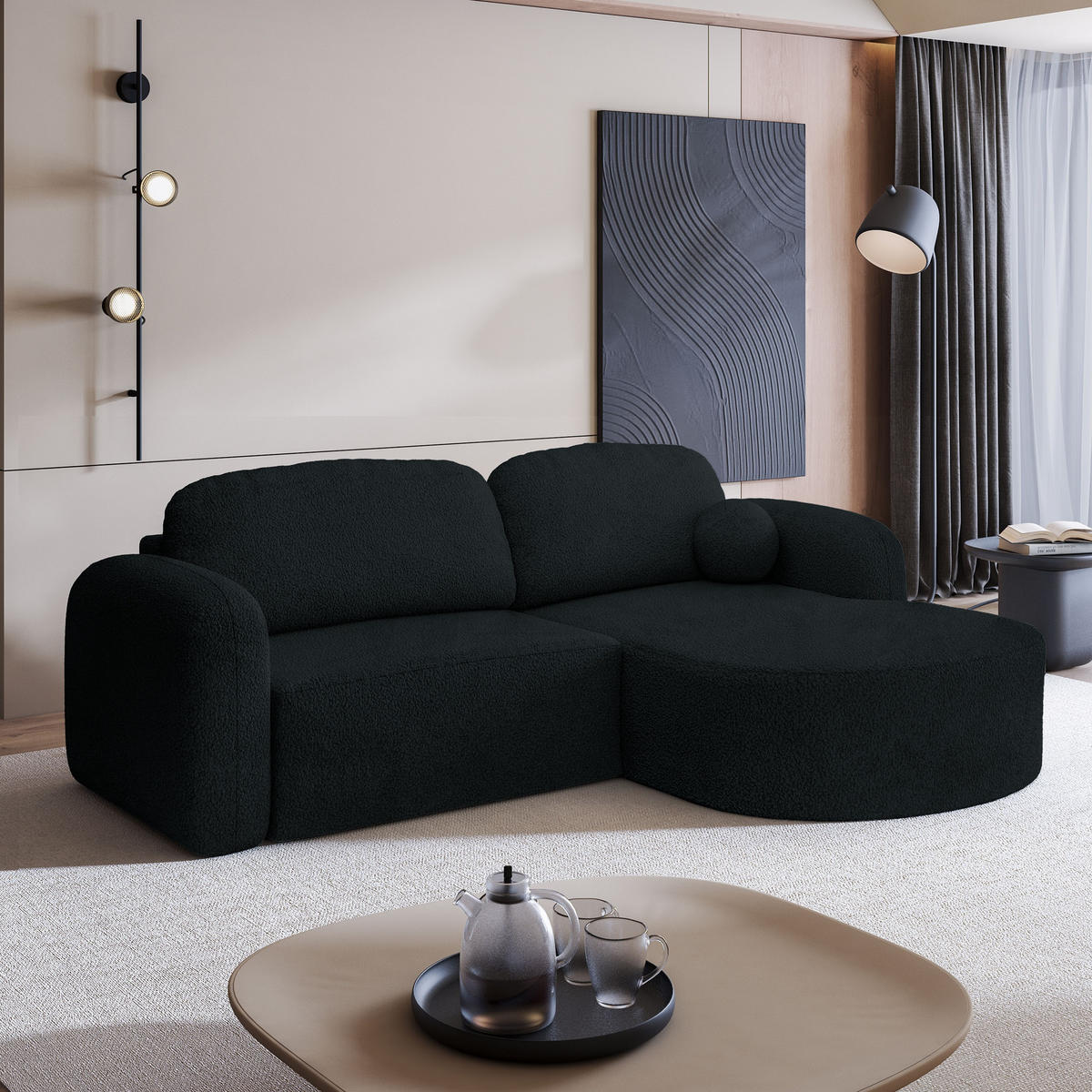 ECKSOFA AMILIA R-S Schwarz Boucle-Stoff mit Schlaffunktion - Schwarz, Holz (263/174cm) - MASSENO