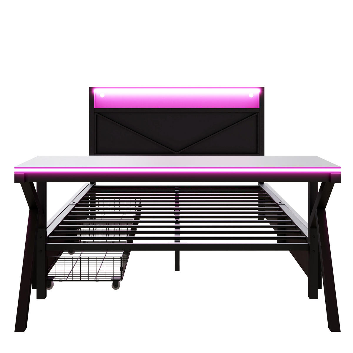 METALLBETT 140/200 cm Rot mit LED-Kopfteil, LED-Schreibtisch und 2 Schubladen - Schwarz, Metall (140/200cm) - Oxeza