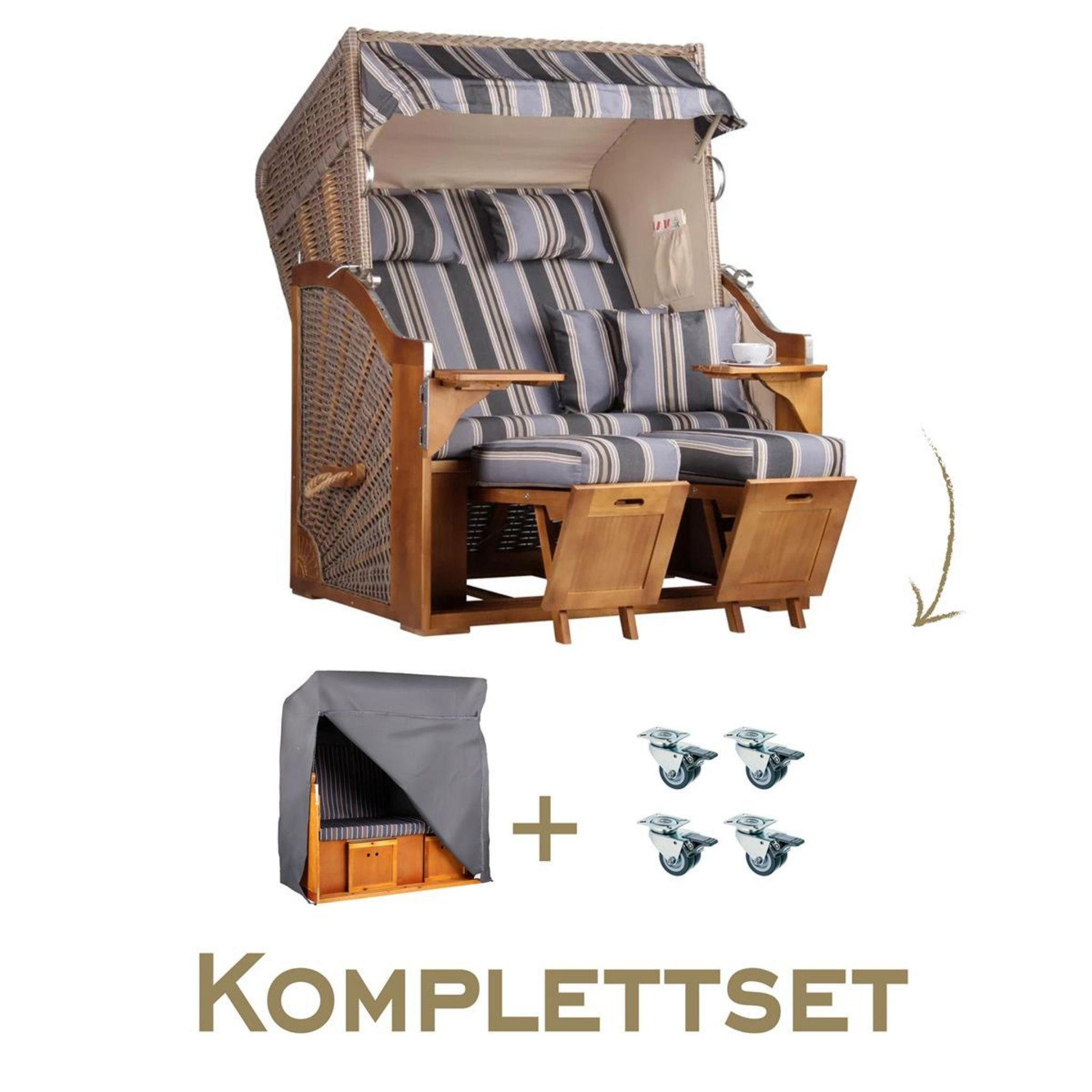 STRANDKORB Komplettset Schleswig - Blaugrau/Braun, Naturmaterialien/Holz (120/160/80cm) - Mr. Deko