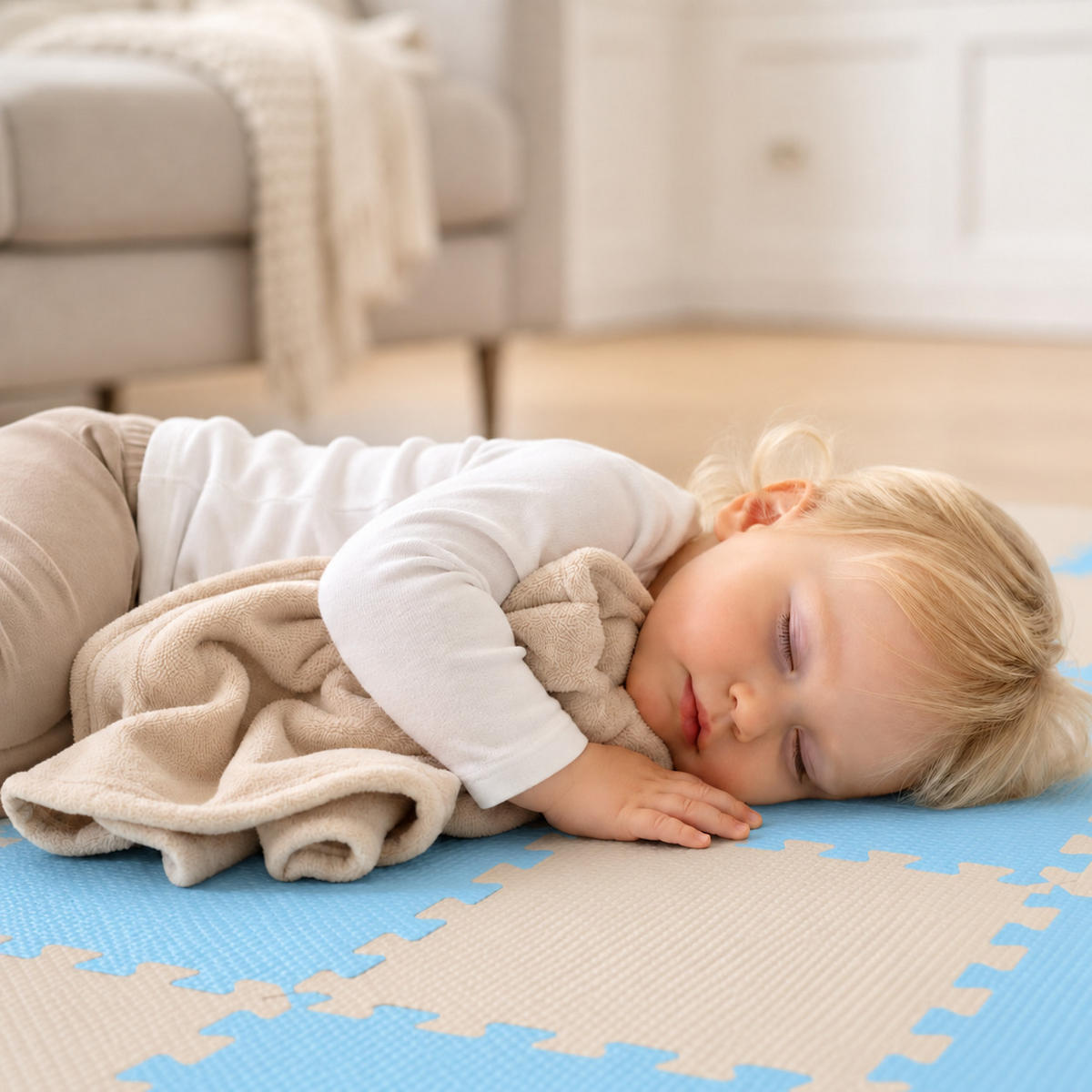 SPIELMATTE ab Null - 180/90/1 cm Puzzlematte Beige - Beige/Hellblau, Kunststoff (30/30cm) - Littletom