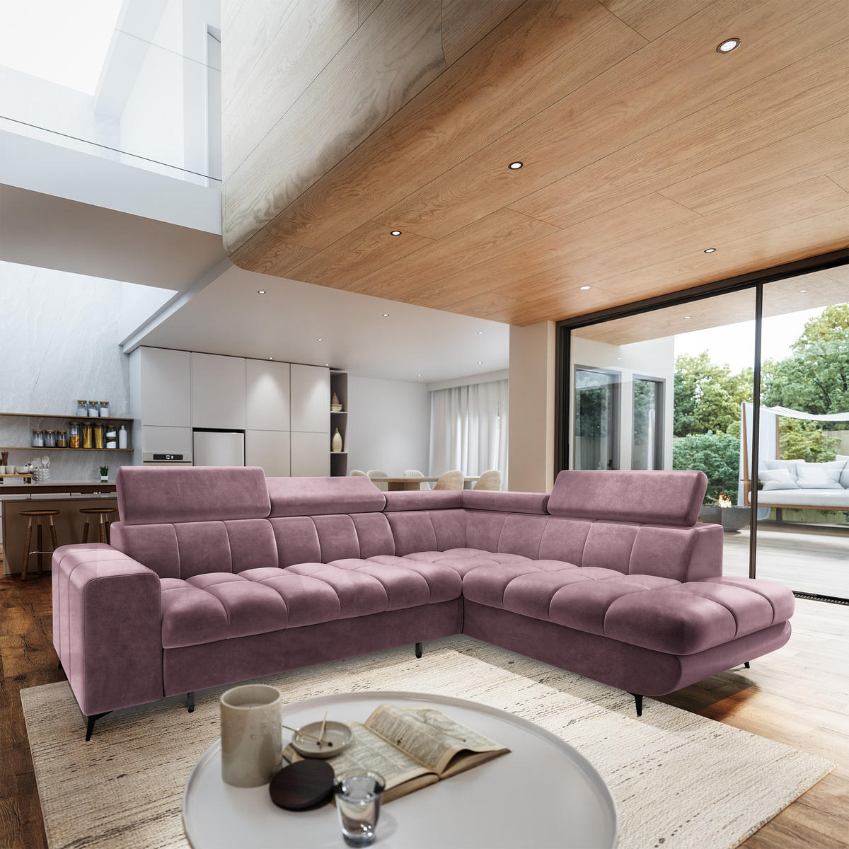 ECKSOFA MORIVA R-S Lila Velours-Stoff mit Schlaffunktion - Lila, Holz (253/190cm) - MASSENO