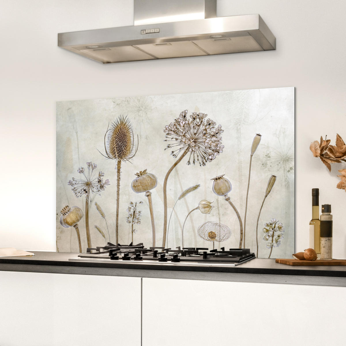 SPRITZSCHUTZ KÜCHE Blumen - Aquarell - Stilleben - Braun - Vintage 80x55 cm - Sandfarben, Metall (80/0.3/55cm) - MuchoWow