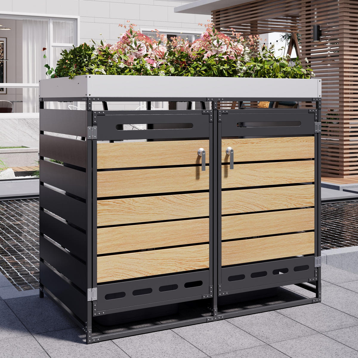 MÜLLTONNENBOX Pflanzkasten Holzoptik horizontal Schloss - Schwarz, Metall (131/120/79cm) - LEBENLANG