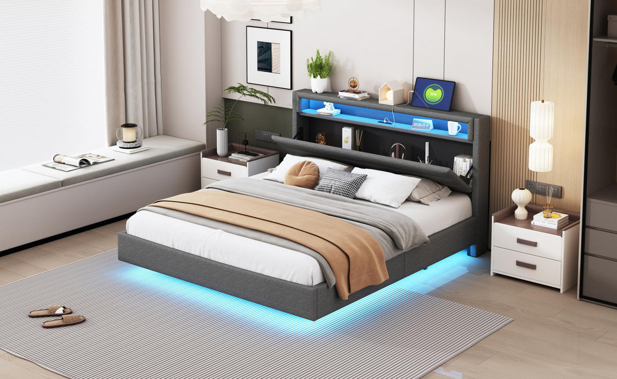 POLSTERBETT 160/200 cm grau aus Stoff mit LED-Beleuchtung und USB-Steckdose - Grau, Textil (160/200cm) - OKMYHOME