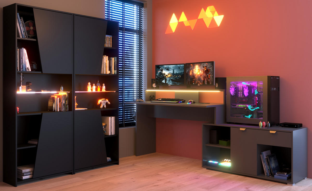 SCHREIBTISCHKOMBINATION schwarz, grau, Set Gamingtisch und 2x Regal inklusive LED mit Farbwechsel - Schwarz/Grau, Holzwerkstoff/Kunststoff (180/229/180cm) - Parisot Meuble