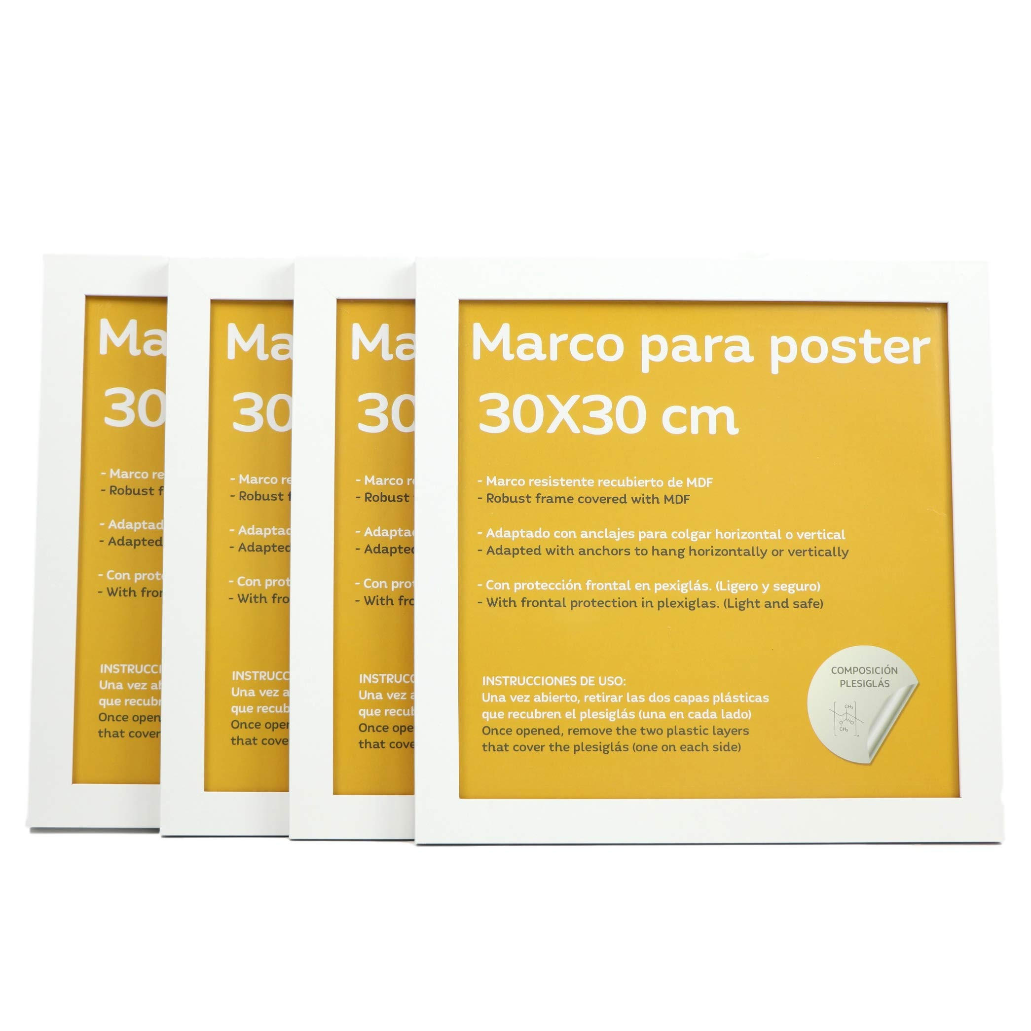 RAHMEN Set mit 4 aus MDF und Acrylglas Schutz und Aussteller für Fotografien, Bilder, Poster, Gemälde, Dekoration für Haus Farbe Weiß 30x30 cm - Weiß, Holz (30/3/30cm) - Nacnic